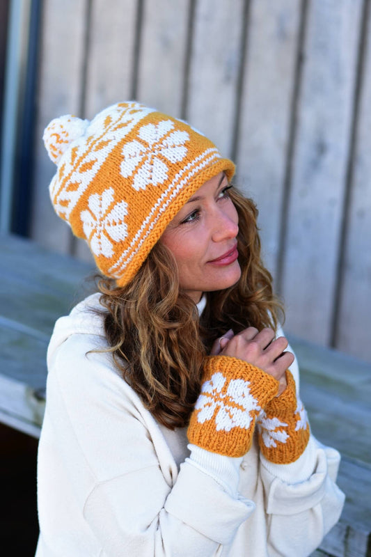 Winterliches Set aus Mütze und Pulswärmern stricken